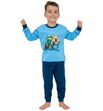Dlouhé pyžamo pro malé farmáře do manžety Cornette Kids Farm modré