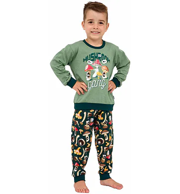 Dlouhé pyžamo pro malé houbaře do manžety Cornette Kids Gang zelené